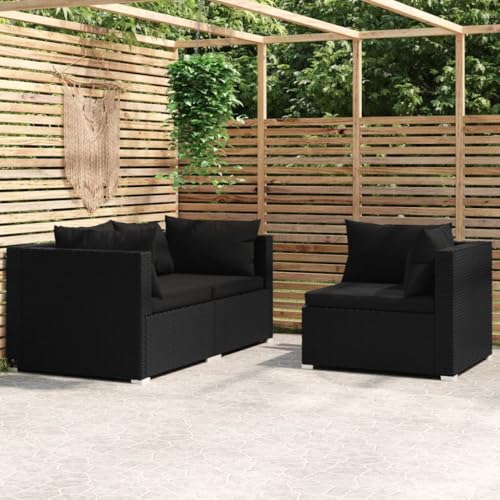 3-Piece Garden Lounge Set with Cushions Black PE Rattan Outdoor Furniture, Waterproof Patio Sofa Set for Balcony Terrace, Modular Design with Removable Thick Cushions & Durable Steel Frame von WDGJJFECNMUEHI