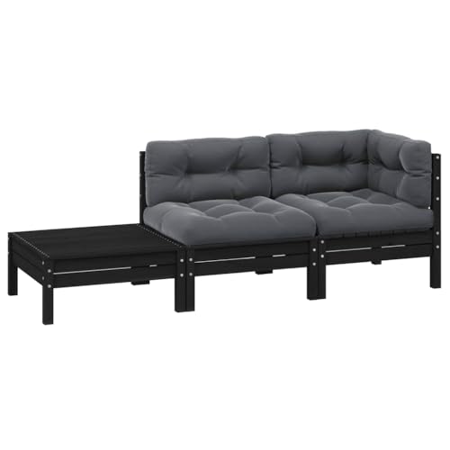 3-piece Garden Lounge Set with Cushions Black Pine Solid Wood Outdoor Patio Furniture for Relaxing, Modular Sectional Sofa with Coffee Table, Weather-Resistant Terrace Seating Group Anthracite Grey von WDGJJFECNMUEHI