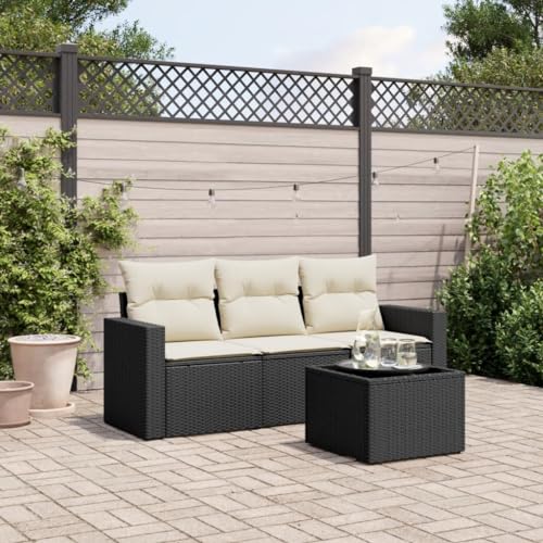 4-Piece Garden Sofa Set with Cushions Black PE Rattan Outdoor Furniture for Patio Terrace, Weather-Resistant Modular Sectional Sofa Set with Storage & Glass Table, Comfortable Lounge Seating Group von WDGJJFECNMUEHI
