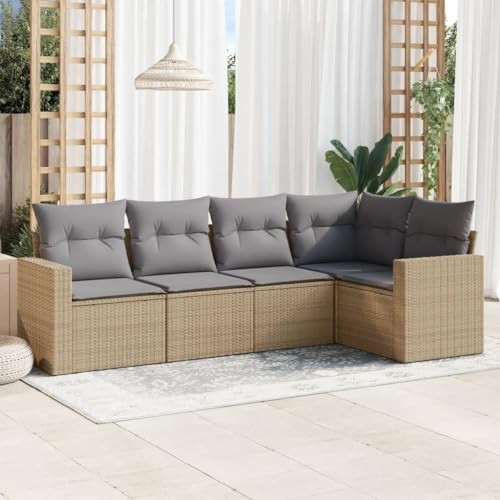 5-Piece Garden Sofa Set with Cushions Beige PE Rattan Outdoor Furniture for Patio Terrace, Weather-Resistant Modular Sectional Sofa Set with Storage & Washable Covers, Comfortable Lounge Seating von WDGJJFECNMUEHI