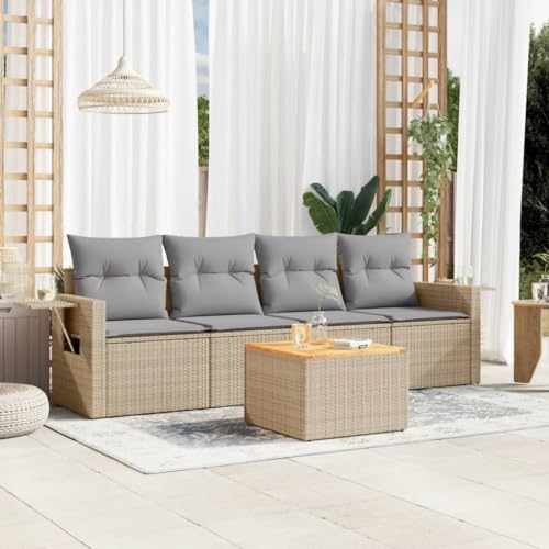 5-Piece Garden Sofa Set with Cushions Beige PE Rattan Outdoor Furniture for Patio Terrace Balcony, Weather-Resistant Modular Lounge with Side Table & Washable Covers, UV-Resistant Rattan Sofa Set von WDGJJFECNMUEHI