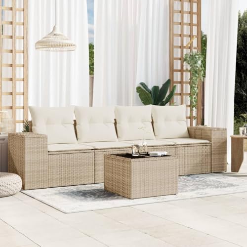 5-Piece Garden Sofa Set with Cushions Beige PE Rattan Outdoor Furniture for Patio Terrace Balcony, Weather-Resistant Wicker Sectional Sofa Set with Glass Table & Removable Covers, Modular Design von WDGJJFECNMUEHI
