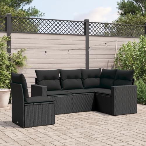 5-Piece Garden Sofa Set with Cushions Black PE Rattan Outdoor Furniture for Patio Terrace, Modular Sectional Sofa with Storage Waterproof Bag, UV Resistant Durable Poly Rattan Lounge Set von WDGJJFECNMUEHI
