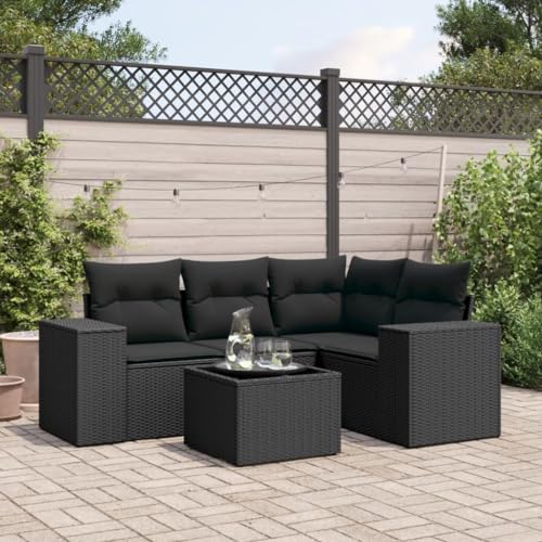 5-Piece Garden Sofa Set with Cushions Black PE Rattan Outdoor Furniture for Patio Terrace, Modular Sectional Wicker Seating Group with Glass Table, Weather-Resistant & UV-Protected Lounge Set von WDGJJFECNMUEHI