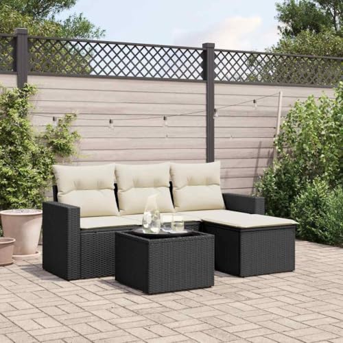 5-Piece Garden Sofa Set with Cushions Black PE Rattan Outdoor Furniture for Patio Terrace, Weather-Resistant Modular Sectional Sofa with Glass Table & Storage Space, Comfortable Lounge Set von WDGJJFECNMUEHI