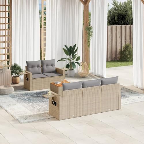 6-Piece Garden Sofa Set with Cushions Beige PE Rattan Outdoor Furniture for Patio Terrace, Weather-Resistant Modular Sectional Wicker Seating Group with Coffee Table & Side Tables, Easy to Clean von WDGJJFECNMUEHI