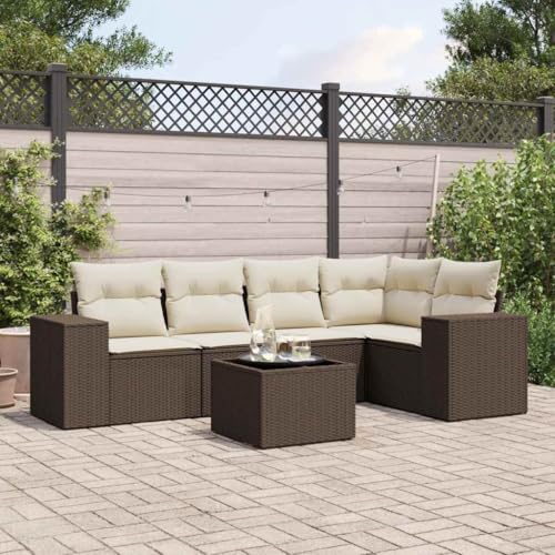 6-tlg. Garten-Sofagarnitur mit Kissen Braun Poly Rattan, Outdoor Sofa Set mit Glas Tisch, Wetterfestes PE-Rattan, Bequeme Polsterkissen, Modulares Design für Terrasse, Garten oder Balkon von WDGJJFECNMUEHI