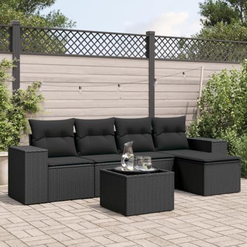 6-tlg. Garten-Sofagarnitur mit Kissen Schwarz PE Rattan Outdoor Möbel Set für Terrasse Garten Balkon, Wetterfestes Poly Rattan Sofa Set mit Glas Tisch und Abnehmbaren Kissen, Modulares Design 6-tlg. Garten-Sofagarnitur mit Kissen Schwarz PE Rattan Outdoor Möbel Set für Terrasse Garten Balkon, Wetterfestes Poly Rattan Sofa Set mit Glas Tisch und Abnehmbaren Kissen, Modulares Design von WDGJJFECNMUEHI