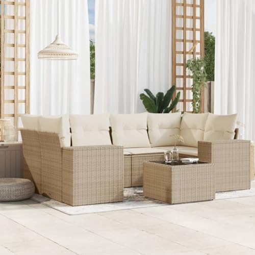 7-Piece Garden Sofa Set with Cushions Beige PE Rattan Outdoor Furniture, Modular Patio Conversation with Glass Table & Washable Covers, Weather-Resistant Lounge Set for Terrace, Backyard, Balcony von WDGJJFECNMUEHI