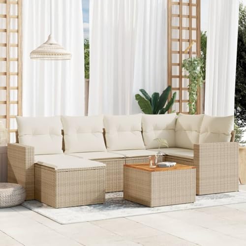 7-Piece Garden Sofa Set with Cushions Beige PE Rattan Outdoor Furniture for Patio Terrace, Modular Corner Lounge Set with Coffee Table, Weather-Resistant & Washable Covers, Comfortable Seating von WDGJJFECNMUEHI