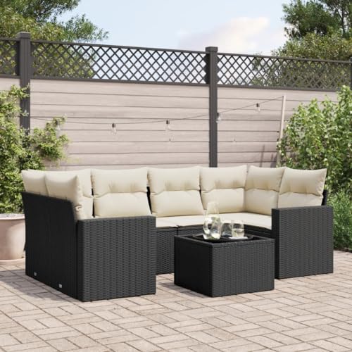 7-Piece Garden Sofa Set with Cushions Black PE Rattan Outdoor Furniture for Patio Terrace, Modular Design with Storage Waterproof Bag & Removable Covers, UV Resistant Weatherproof Lounge Set von WDGJJFECNMUEHI