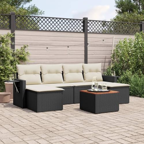 7-Piece Garden Sofa Set with Cushions Black PE Rattan Outdoor Furniture for Patio Terrace, Weather-Resistant Modular Sectional Wicker Seating Group with Coffee Table and Foldable Side Tables von WDGJJFECNMUEHI