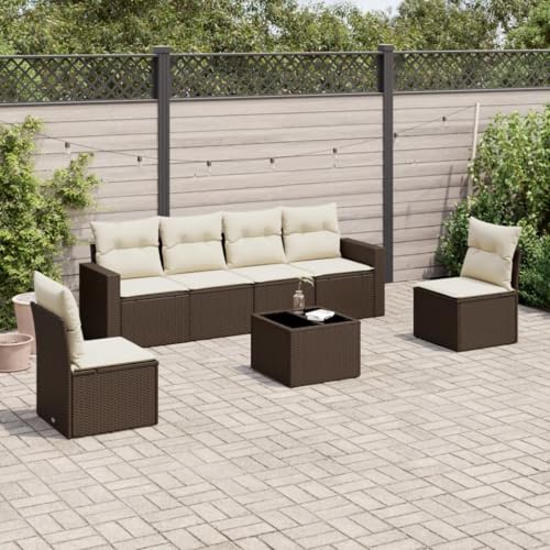 7-Piece Garden Sofa Set with Cushions Brown PE Rattan Outdoor Furniture for Patio Terrace, Weather-Resistant Modular Sectional Sofa with Glass Table & Storage Space, Comfortable Lounge Set 7-Piece Garden Sofa Set with Cushions Brown PE Rattan Outdoor Furniture for Patio Terrace, Weather-Resistant Modular Sectional Sofa with Glass Table & Storage Space, Comfortable Lounge Set von WDGJJFECNMUEHI
