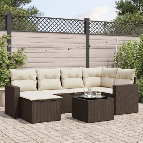 7-Piece Garden Sofa Set with Cushions Brown PE Rattan Outdoor Furniture for Patio Terrace Backyard, Weather-Resistant Modular Sectional Sofa Group with Storage & Glass Table, Comfortable Lounge Set von WDGJJFECNMUEHI