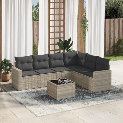 7-Piece Outdoor Patio Furniture Set with Cushions Light Gray PE Rattan, Modular Garden Sofa with Storage & Glass Table, Weather-Resistant Sectional Conversation Set for Terrace, Backyard, Poolside von WDGJJFECNMUEHI