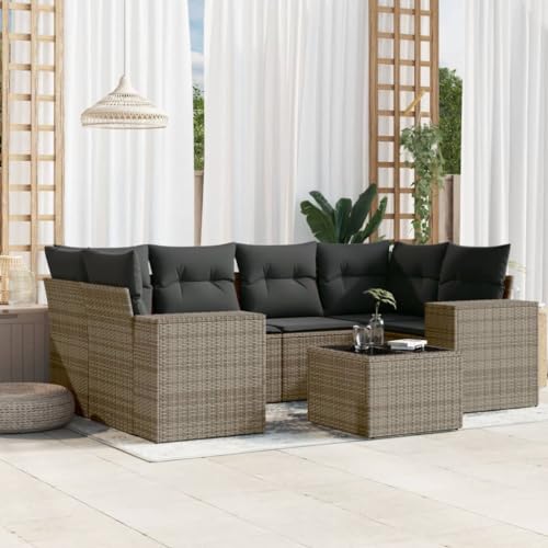 7-TLG. Garten-Sofagarnitur Grau PE-Rattan mit Kissen, Outdoor Lounge Set mit Glas Tisch, Wetterfestes Eck Sofa Set für Terrasse Garten Balkon, Modulares Design, Bequeme Polsterung, UV-beständig von WDGJJFECNMUEHI