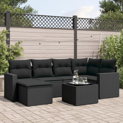 7-tlg. Garten-Sofagarnitur Schwarz PE Rattan mit Kissen, UV-beständige Outdoor Sofa Set für Terrasse Garten, Modulares Design mit Stauraum, Wetterfeste Lounge Möbelgruppe mit Glas Tisch 7-tlg. Garten-Sofagarnitur Schwarz PE Rattan mit Kissen, UV-beständige Outdoor Sofa Set für Terrasse Garten, Modulares Design mit Stauraum, Wetterfeste Lounge Möbelgruppe mit Glas Tisch von WDGJJFECNMUEHI