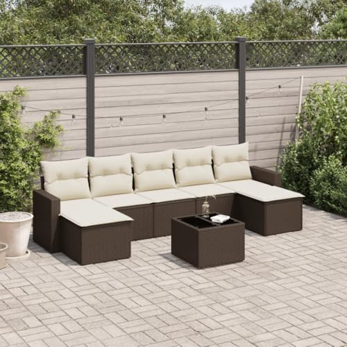 8-Piece Garden Sofa Set with Cushions Brown PE Rattan Outdoor Furniture for Patio Terrace, Weather-Resistant Modular Sectional Sofa Group with Storage Glass Table, Comfortable Lounge Seating von WDGJJFECNMUEHI