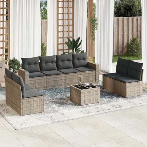 9-Piece Garden Sofa Set with Cushions Beige PE Rattan Outdoor Furniture for Patio Terrace, Modular Design with Storage Waterproof Bag & Removable Covers, UV Resistant Durable Lounge Set von WDGJJFECNMUEHI