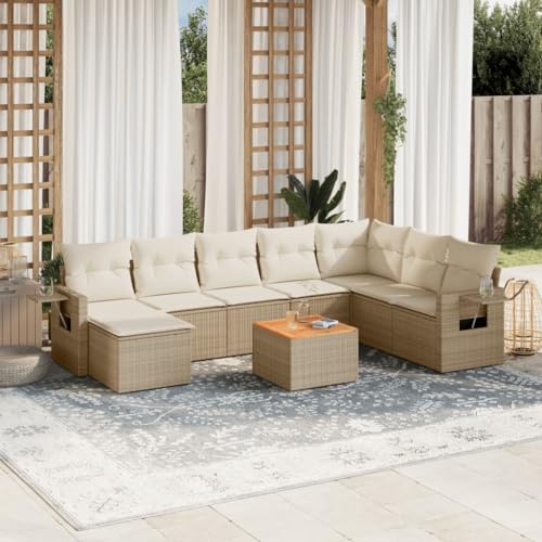 9-Piece Garden Sofa Set with Cushions Beige PE Rattan Outdoor Furniture for Patio Terrace, Modular Lounge Set with Side Table, Weather-Resistant & Washable Covers, Comfortable Seating Group von WDGJJFECNMUEHI