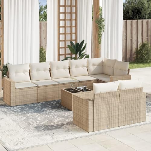 9-Piece Garden Sofa Set with Cushions Beige PE Rattan Outdoor Furniture for Patio Terrace, Modular Wicker Sectional Seating Group with Storage Waterproof Bag & Glass Table, Weather-Resistant von WDGJJFECNMUEHI