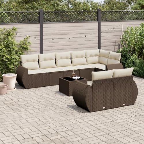 9-Piece Garden Sofa Set with Cushions Brown PE Rattan Outdoor Furniture for Patio Terrace, Modular Sectional Sofa Group with Glass Table, Weather-Resistant & Washable Covers, Comfortable Seating von WDGJJFECNMUEHI