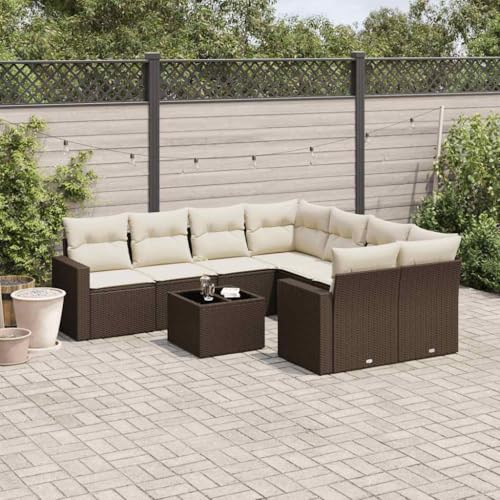 9-Piece Garden Sofa Set with Cushions Brown PE Rattan Outdoor Furniture for Patio Terrace, Modular Sectional Sofa Group with Storage Waterproof Bag & Glass Table, UV Resistant Durable Lounge Set von WDGJJFECNMUEHI