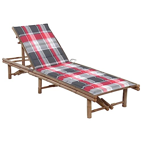 Bambus Garden Sun Lounger with Cushion, Adjustable Backrest in 3 Positions, Outdoor Relaxation for Patio, Poolside, Beach, Durable & Easy to Clean, No Assembly Required, Red Checkered Pattern von WDGJJFECNMUEHI