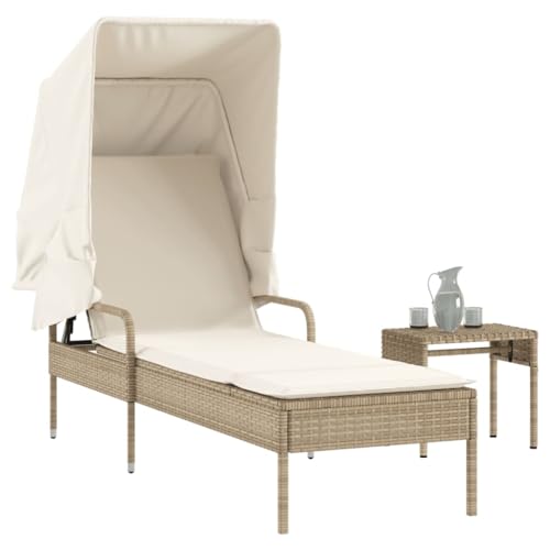 Beige Poly Rattan Sun Lounger with Adjustable Canopy & Side Table, Outdoor Patio Poolside Relaxation Chair, 4-Position Recliner, Weather-Resistant PE Wicker & Steel Frame, Cushion (Max 110kg) von WDGJJFECNMUEHI