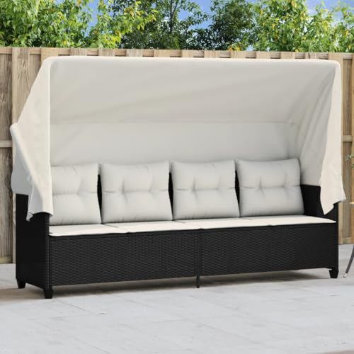 Black Poly Rattan Sun Lounger with Adjustable Canopy & Thick Cushions, Outdoor Patio Garden Daybed for Poolside Relaxation, Durable PE Wicker & Powder-Coated Steel Frame, Weather-Resistant Design von WDGJJFECNMUEHI