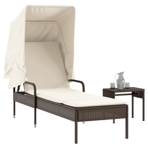 Brown Poly Rattan Sun Lounger with Adjustable Canopy & Side Table, Outdoor Patio Garden Relaxation Chair with Thick Cushion, UV-Resistant PE Wicker & Powder-Coated Steel Frame, Max Load 110kg von WDGJJFECNMUEHI