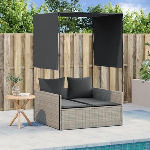 Doppel-Sonnenliege mit Dach und Vorhängen Hellgrau PE-Rattan Gartenmöbel Set für Terrasse Balkon Poolbereich, Wetterfest mit Dicker Polsterung und Abnehmbaren Bezügen, Tragkraft 110 kg pro Sitz von WDGJJFECNMUEHI