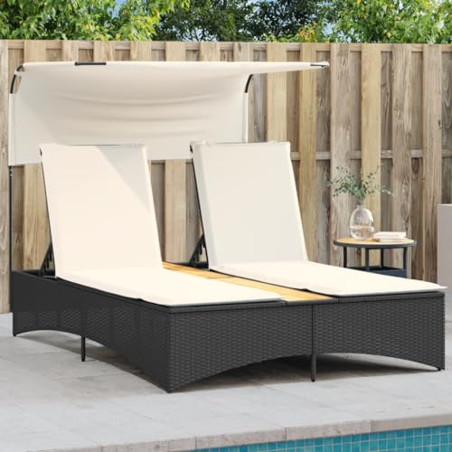 Double Sun Lounger with Adjustable Canopy & Cushions, Black PE Rattan Outdoor Daybed for Patio Garden Poolside, Weather-Resistant Poly Rattan with 5-Position Recliner and Removable Washable Covers von WDGJJFECNMUEHI