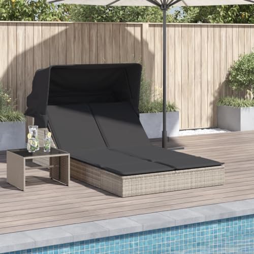 Double Sun Lounger with Adjustable Canopy & Cushions, Light Gray PE Rattan Outdoor Daybed for Patio Garden Poolside, Weather-Resistant Poly Rattan Furniture with Removable Washable Covers von WDGJJFECNMUEHI