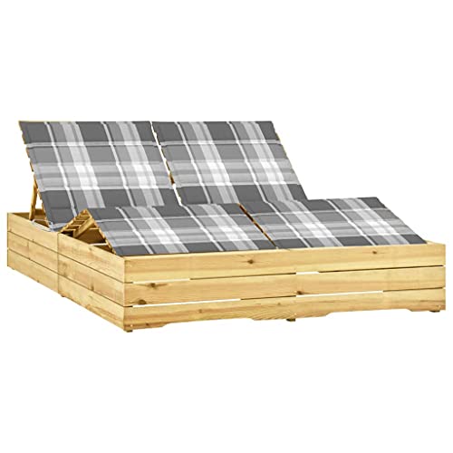 Double Sun Lounger with Cushions, Adjustable Reclining Backrest & Footrest, Weather-Resistant Treated Pine Wood, Outdoor Garden Poolside Patio Furniture for 2 Persons, Gray Checkered Design von WDGJJFECNMUEHI