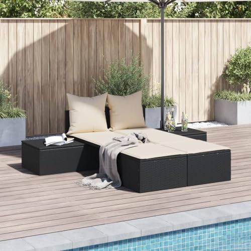 Double Sun Lounger with Cushions Black PE Rattan Outdoor Daybed, Modular Garden Furniture Set for Patio Poolside, Weather-Resistant & Washable Covers, Sturdy Steel Frame, Includes Side Table von WDGJJFECNMUEHI