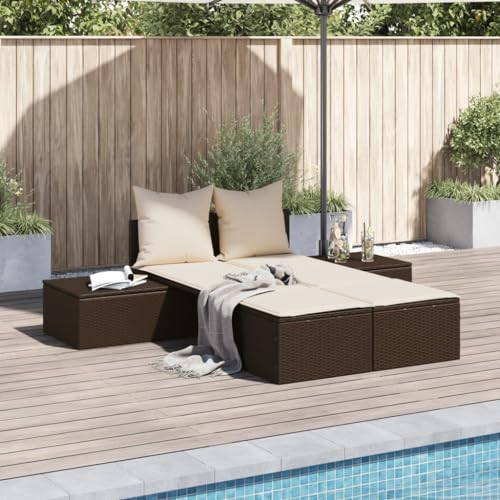 Double Sun Lounger with Cushions Brown PE Rattan Outdoor Furniture, Modular Garden Daybed for Patio Poolside, Weather-Resistant Poly Rattan & Powder-Coated Steel Frame, Includes 2 2 Back Cushions von WDGJJFECNMUEHI