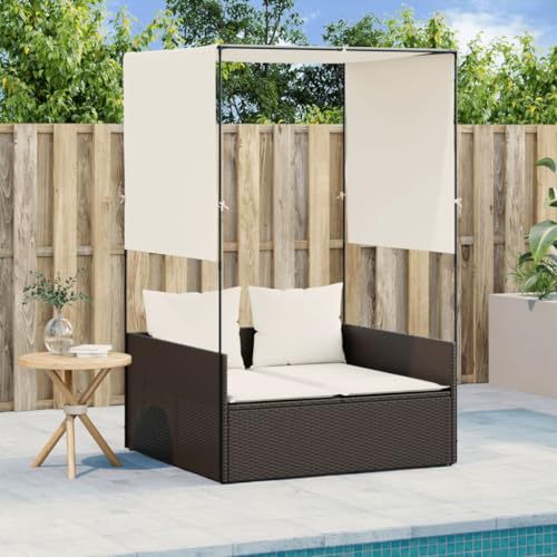 Double Sun Lounger with Roof and Curtains Brown PE Rattan Outdoor Daybed for Garden Patio Poolside Comfortable Weatherproof Poly Rattan Furniture von WDGJJFECNMUEHI