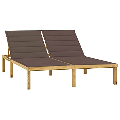 Double Sun Lounger with Taupe Cushions, Adjustable Reclining Backrest, Weather-Resistant Treated Pine Wood, Outdoor Garden Patio Poolside Furniture for 2 Persons, Easy Assembly and Cleaning von WDGJJFECNMUEHI