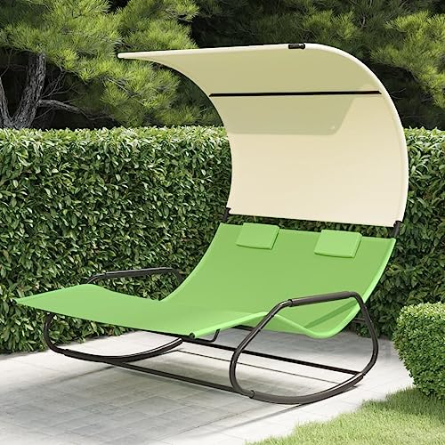 Double Swing Sun Lounger with Canopy Green & Cream, Outdoor Hanging Daybed for Patio Garden Pool, 2-Person Weatherproof Steel Frame with Removable Cushions, UV Protection Polyester Fabric von WDGJJFECNMUEHI