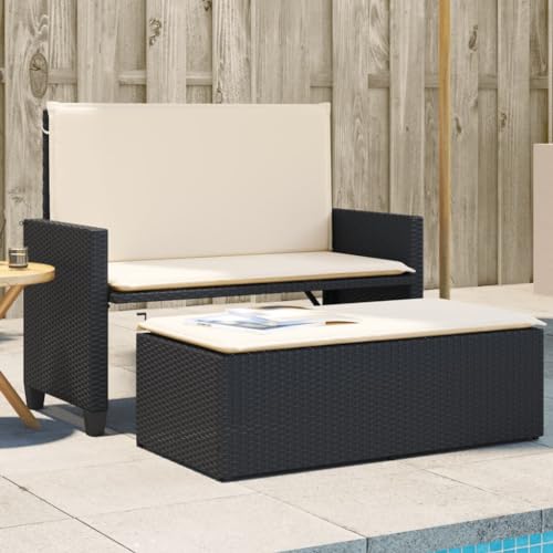 Gartenbank Schwarz PE Rattan 2-in-1 Sofa Bett mit Kissen Hocker Outdoor Gartenmöbel Wetterfest Lounge Sitzbank für Terrasse Balkon Garten von WDGJJFECNMUEHI