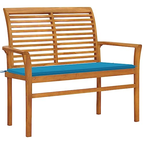 Gartenbank mit Blauer Auflage 112 cm Massivholz Teak Outdoor Gartenmöbel Sitzbank für Terrasse Garten Teich Wetterfest Langlebig Elegant von WDGJJFECNMUEHI