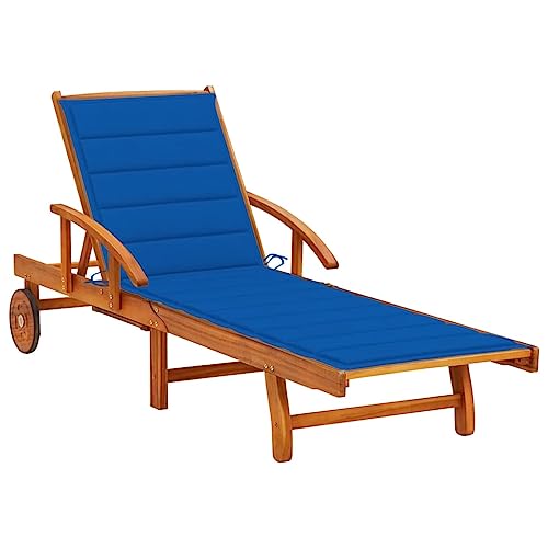 Sonnenliege mit Auflage Akazie Massivholz - Adjustable Sun Lounger with Wheels Extendable Table Garden Lounge Chair with Cushion for Patio, Poolside Solid Acacia Wood - Blue Polyester Fabric von WDGJJFECNMUEHI