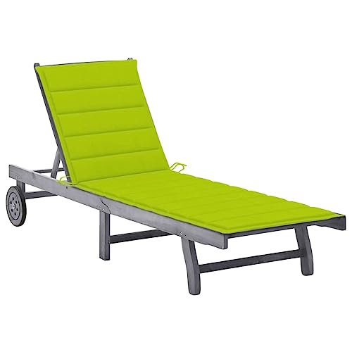 Sonnenliege mit Auflage Grau Akazie Massivholz - Verstellbare Relaxliege für Garten, Terrasse Poolbereich Bequeme Outdoor-Liege mit Rollen Polster Robuste Holzliege in Grau Hellgrün - Max. 110 kg von WDGJJFECNMUEHI