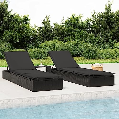Sonnenliege mit Tisch Schwarz PE Rattan Lounge Chair, Adjustable Sunbed with Side Table for Pool, Balcony, Camping, Weatherproof Outdoor Furniture Set with Cushion, Sturdy Steel Frame, Max Load 110kg von WDGJJFECNMUEHI