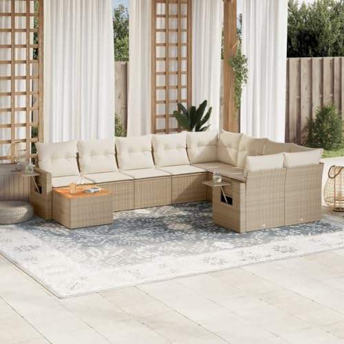 WDGJJFECNMUEHI 10-Piece Garden Sofa Set with Cushions Beige PE Rattan Outdoor Furniture for Patio Terrace, Modular Lounge Set with Side Table, UV-Resistant Weatherproof Rattan Sofa Group von WDGJJFECNMUEHI