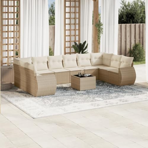 WDGJJFECNMUEHI 11-Piece Garden Sofa Set with Cushions Beige PE Rattan Outdoor Furniture Modular Patio Corner Sectional Set Weatherproof for Terrace Backyard Balcony von WDGJJFECNMUEHI