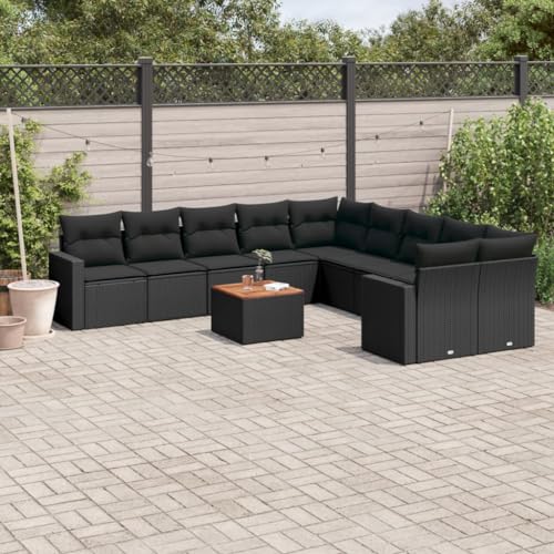 WDGJJFECNMUEHI 11-Piece Garden Sofa Set with Cushions Black PE Rattan Outdoor Furniture for Patio Terrace, Modular Lounge Seating Group with Acacia Wood Table, Weather-Resistant & UV-Protected von WDGJJFECNMUEHI