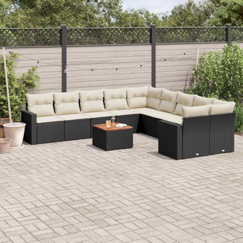 WDGJJFECNMUEHI 11-Piece Garden Sofa Set with Cushions Black PE Rattan Outdoor Furniture for Patio Terrace, Modular Lounge Set with Acacia Wood Table, Weather-Resistant & UV-Protected von WDGJJFECNMUEHI