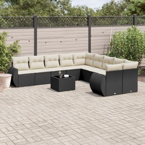 WDGJJFECNMUEHI 11-Piece Garden Sofa Set with Cushions Black PE Rattan Outdoor Furniture for Patio Terrace, Modular Lounge with Glass Table, Weather-Resistant & UV-Protected Rattan Sofa Set von WDGJJFECNMUEHI